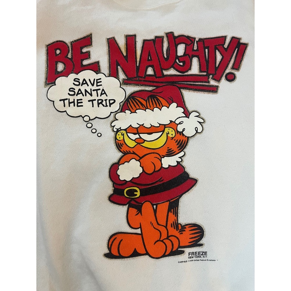 Vintage 78 Freeze Garfield "Be Naughty" White Large Crew‎ Neck Christmas Rare